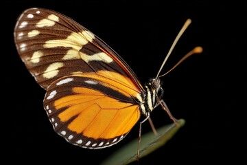 Fototapete - Colorful butterfly resting on green leaf in a dark environment showcasing vibrant orange and black patterns