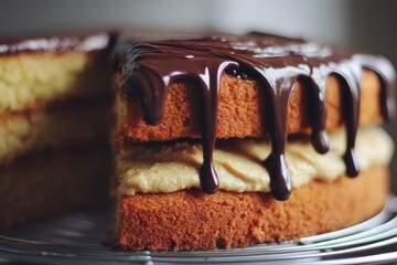 Aufkleber - Moist chocolate-drizzled cake with creamy filling garnished for a delightful dessert experience