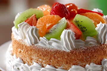 Aufkleber - Fresh fruit cake topped with whipped cream prepared at a bakery in the afternoon sunlight