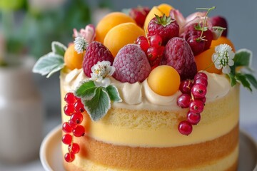 Aufkleber - Colorful layered cake topped with fresh berries and fruits garnished with green leaves in a bright setting