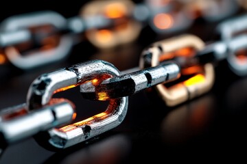 Poster - Close-up view of interlocking links with glowing highlights showcasing industrial design at night