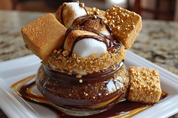 Poster - Delicious dessert featuring chocolate sauce and marshmallows served in a stylish jar at a cozy cafe