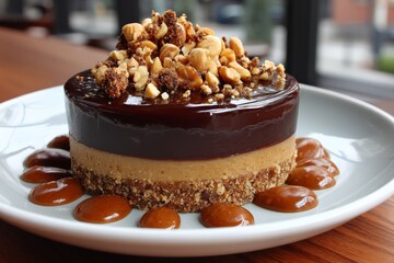 Poster - Delicious dessert featuring chocolate glaze with caramel sauce and nut toppings in a restaurant setting