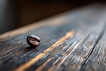 Poster - Single coffee bean resting on a rustic wooden surface highlighting texture and simplicity