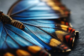 Poster - Close-up view of a vibrant butterfly wing showcasing intricate patterns and colors under natural lighting