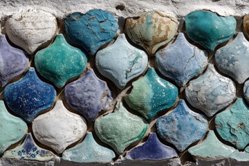 Aufkleber - Intricately designed ceramic tiles in varied shades of blue and green showcase artistic craftsmanship in a vibrant setting
