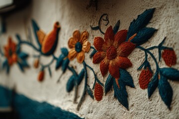 Poster - Embroidered floral design on wall showcasing vibrant colors and intricate craftsmanship in a traditional setting