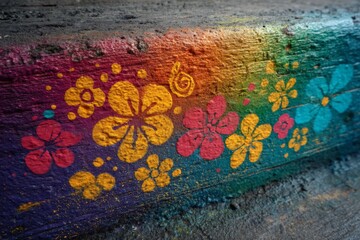 Poster - Colorful floral chalk art featuring vibrant pink, yellow, and blue flowers on a concrete surface