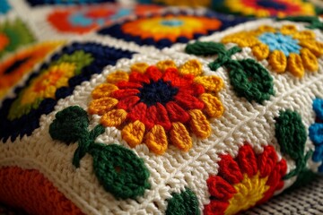 Leinwandbilder - Brightly colored crochet pillow showcasing intricate floral patterns and craftsmanship in natural lighting at home