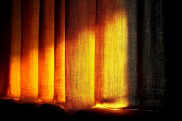 Poster - Light filters through colorful curtains creating a warm, inviting atmosphere in a cozy room during sunset