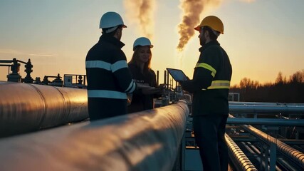 Poster - Energy professionals discussing near an industrial pipeline at sunset, with a refinery silhouette emitting smoke against a dramatic sky, highlighting collaboration and environmental issues