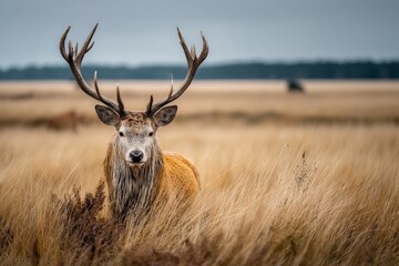 Aufkleber - Majestic stag stands in golden grassland under a cloudy sky during late afternoon
