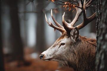 Poster - Majestic deer blends into a misty forest during the tranquil morning hours