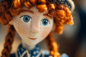 Poster - Detail of a handcrafted doll with orange curls and blue eyes dressed in a blue outfit displayed at a craft fair during the afternoon