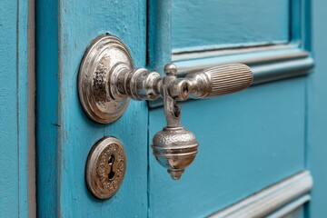 Poster - Detailed view of vintage door handle and lock on a vibrant blue wooden door