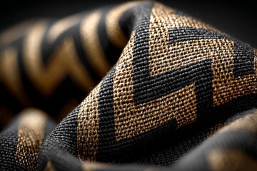 Poster - Close-up of textured fabric showcasing intricate patterns in black and gold tones with detailed weaving