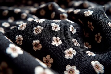 Poster - Close-up view of a textured black fabric with delicate floral patterns created through intricate weaving techniques