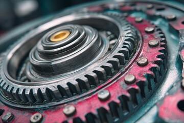 Poster - Detailed view of mechanical gears highlighting precision engineering and metalwork techniques used in machinery assembly