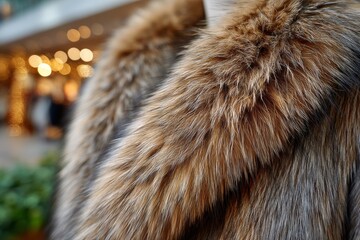 Poster - Warm fur garment on display at urban shopping center during winter holiday season