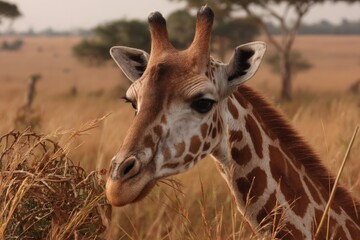 Aufkleber - Giraffe grazing in the golden savannah under the warm afternoon sun in Africa