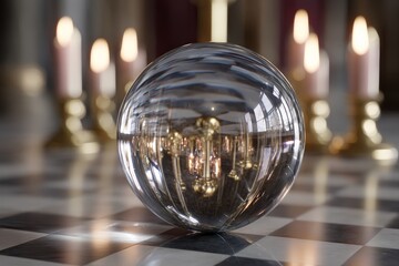 Aufkleber - Light reflecting through a glass sphere on a checkered floor with candles in the background during evening