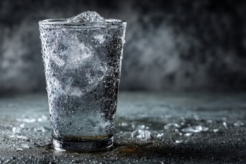 Aufkleber - Refreshing glass filled with ice and sparkling water placed on a textured surface in a dimly lit setting