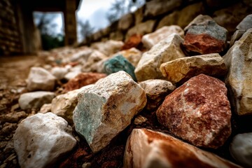 Poster - Colorful stones scattered on the ground near a stone wall in a natural setting