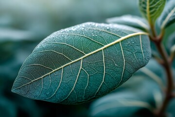 Poster - Close-up view of a vibrant green leaf showcasing intricate vein patterns and dew drops in a lush garden setting