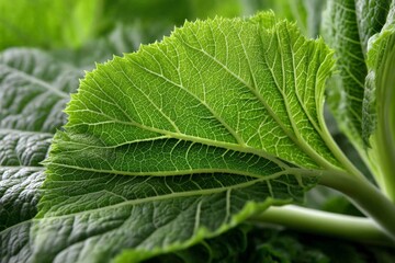 Poster - Leaf with intricate vein patterns showcasing vibrant green hues in a natural setting during daylight hours