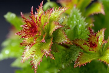 Poster - Close-up view of vibrant green and red leaves with jagged edges in natural light during the daytime at a garden