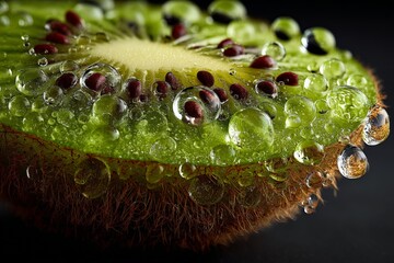 Aufkleber - Close-up view of kiwi slice with bubbles on a dark background highlighting texture and color