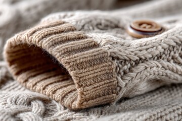 Poster - Detailed close-up of a woven sweater showcasing intricate patterns and a wooden button during fall season
