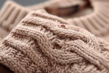 Poster - Knitted beige sweater with detailed cable stitching resting on a soft textile background during autumn season