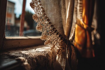Poster - Soft light filters through lace curtains highlighting a cozy interior in the late afternoon