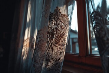 Leinwandbilder - Soft sunlight filters through lace curtains in a cozy room creating warm, inviting patterns on wooden surfaces during late afternoon