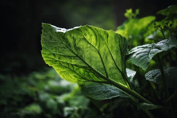 Poster - Close-up view of vibrant green leaf illuminated by gentle sunlight in a serene forest setting