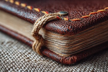 Poster - Leather-bound journal with intricate stitching and natural texture displayed on linen background