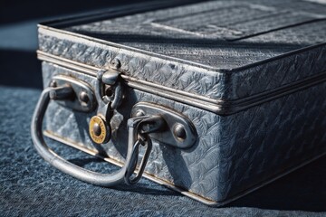 Aufkleber - Vintage metal suitcase with intricate design resting on a textured surface in soft natural light