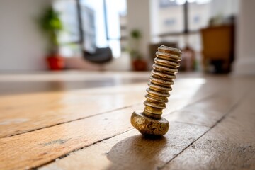 Aufkleber - Rusty metal screw stands out on wooden floor in bright, modern interior during the day