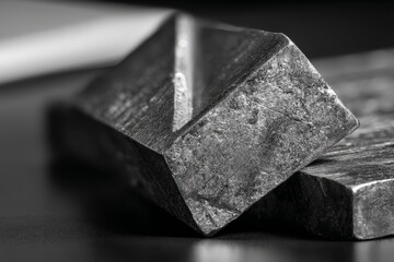Aufkleber - Close-up view of metal ingots showcasing intricate textures and surfaces in monochrome setting on a wooden table