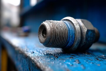 Poster - Metal component resting on a blue surface in a workshop during daytime with visible wear and tear