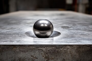 Aufkleber - Metal sphere resting in a recessed area on a polished steel surface in a workshop setting