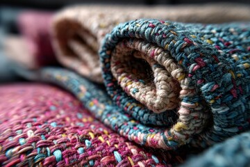 Poster - Colors and textures blend in a beautifully rolled textile arrangement creating warmth and character at home