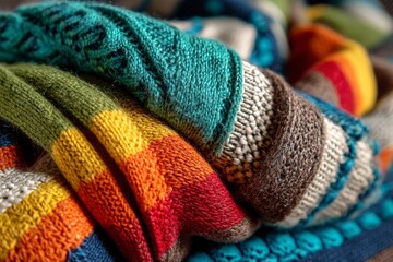 Poster - Vibrant knitted scarves showcasing colorful patterns and textures in a cozy setting