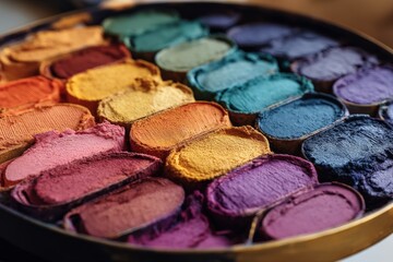 Aufkleber - Vibrant palette of colored powders arranged neatly in circular trays at an artist's studio ready for creative projects