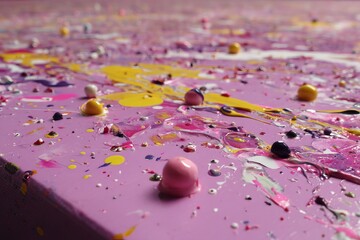 Aufkleber - Colorful abstract paint splashes on a textured surface create a vibrant visual experience in an artist's workspace