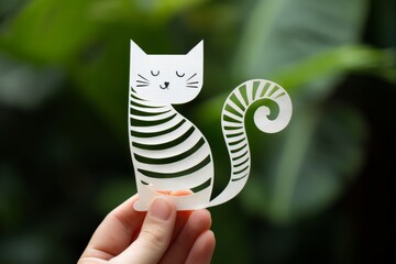 Poster - Hand-cut paper art of a striped cat held against a lush green background
