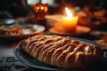 Poster - Warm pastry served on a table with a glowing candle in a cozy setting during the evening