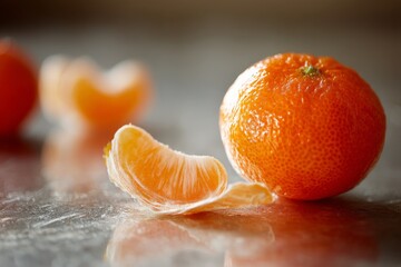 Poster - Fresh mandarin orange with peel and segments displayed on a shiny surface in natural light