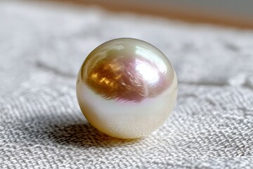 Poster - Unique iridescent pearl resting on light fabric showcasing natural beauty and elegance